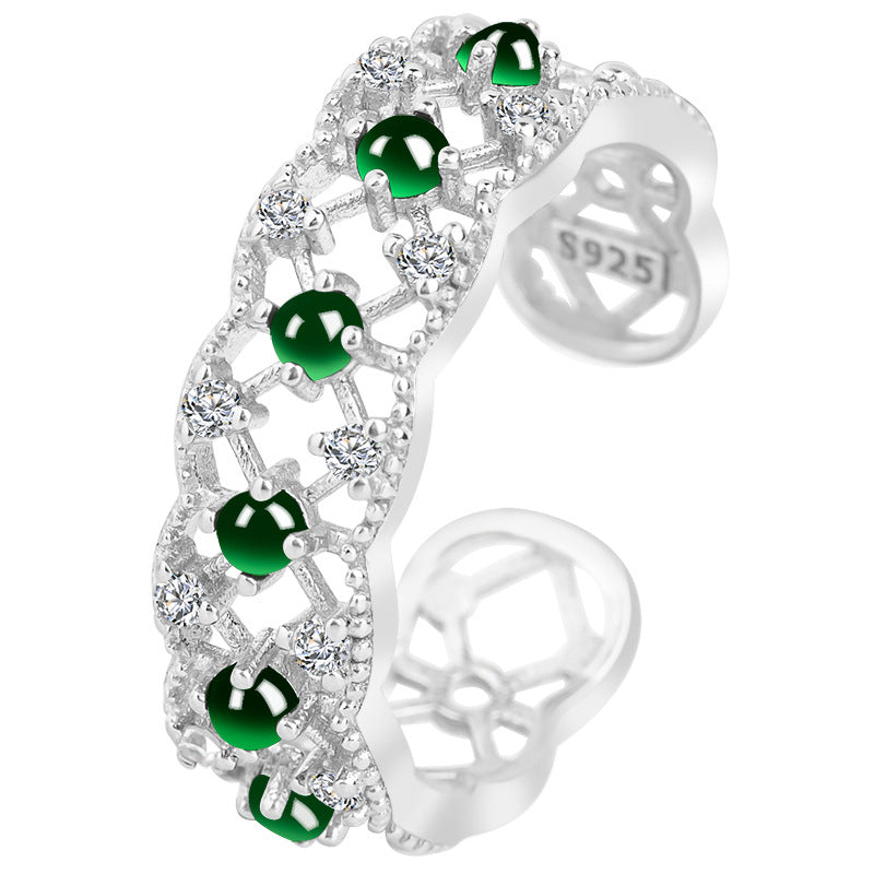 S925 Silver Inlaid Fashion Women's Jadeite Black Jade Lace Hollow Ring