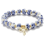 Vintage Blue - and - White Porcelain Bead & Gold Bead Bracelet