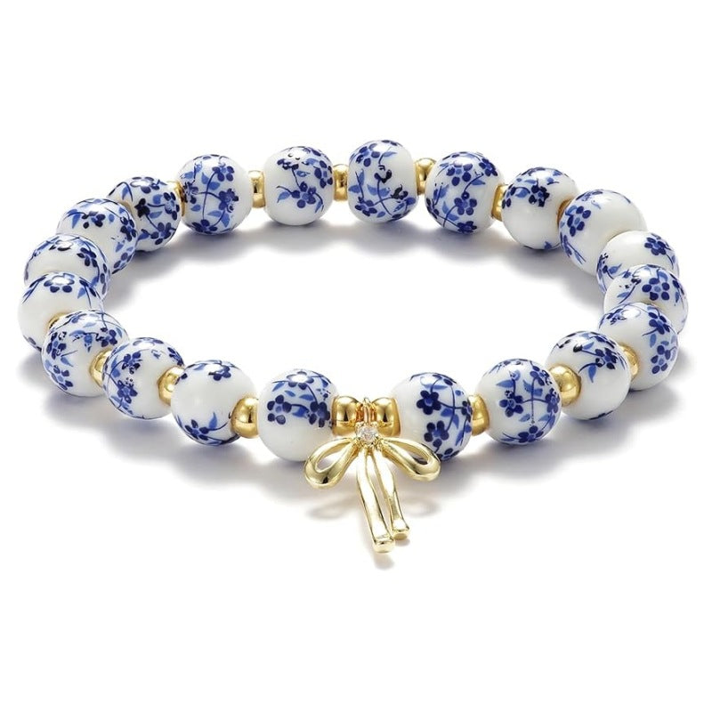 Vintage Blue - and - White Porcelain Bead & Gold Bead Bracelet