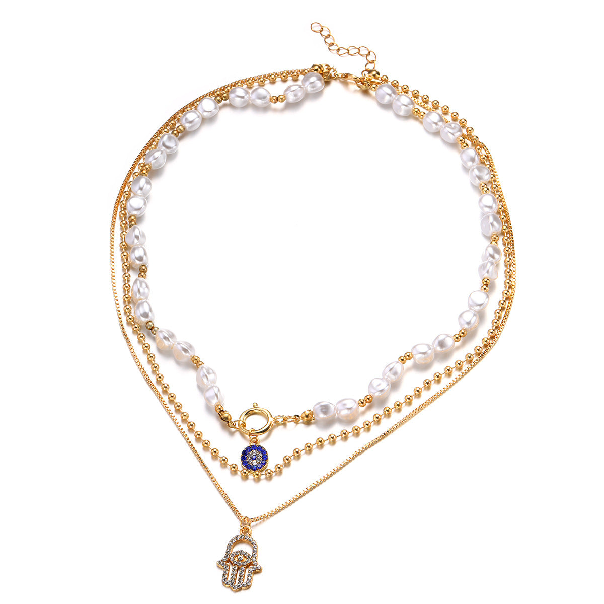 Alloy Inlaid Diamond Pendant Pearl Necklace