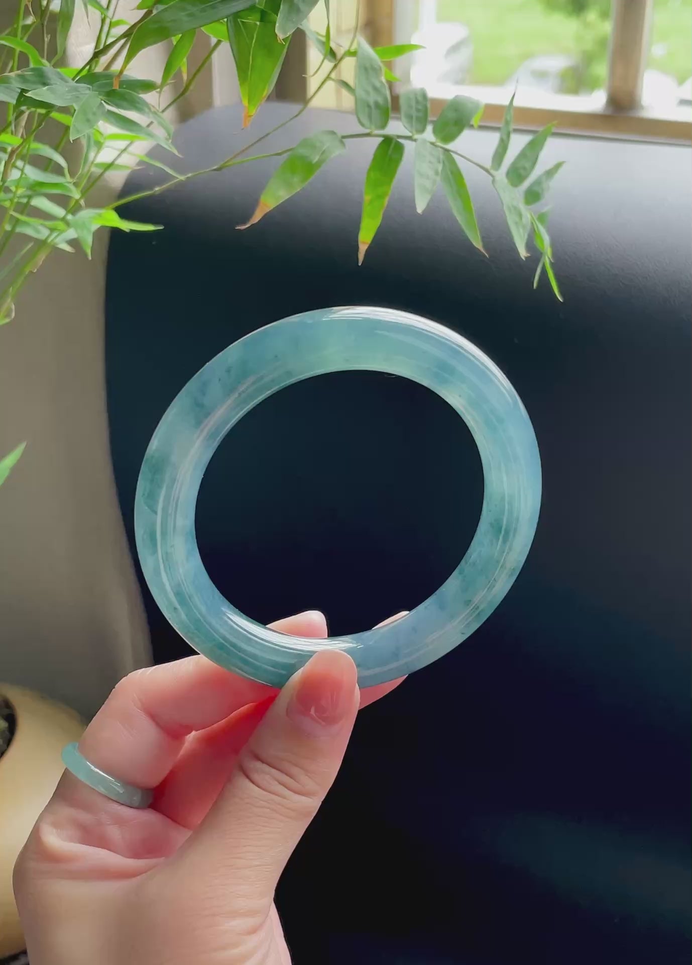 Load video: Ice blue water jadeite round bracelet