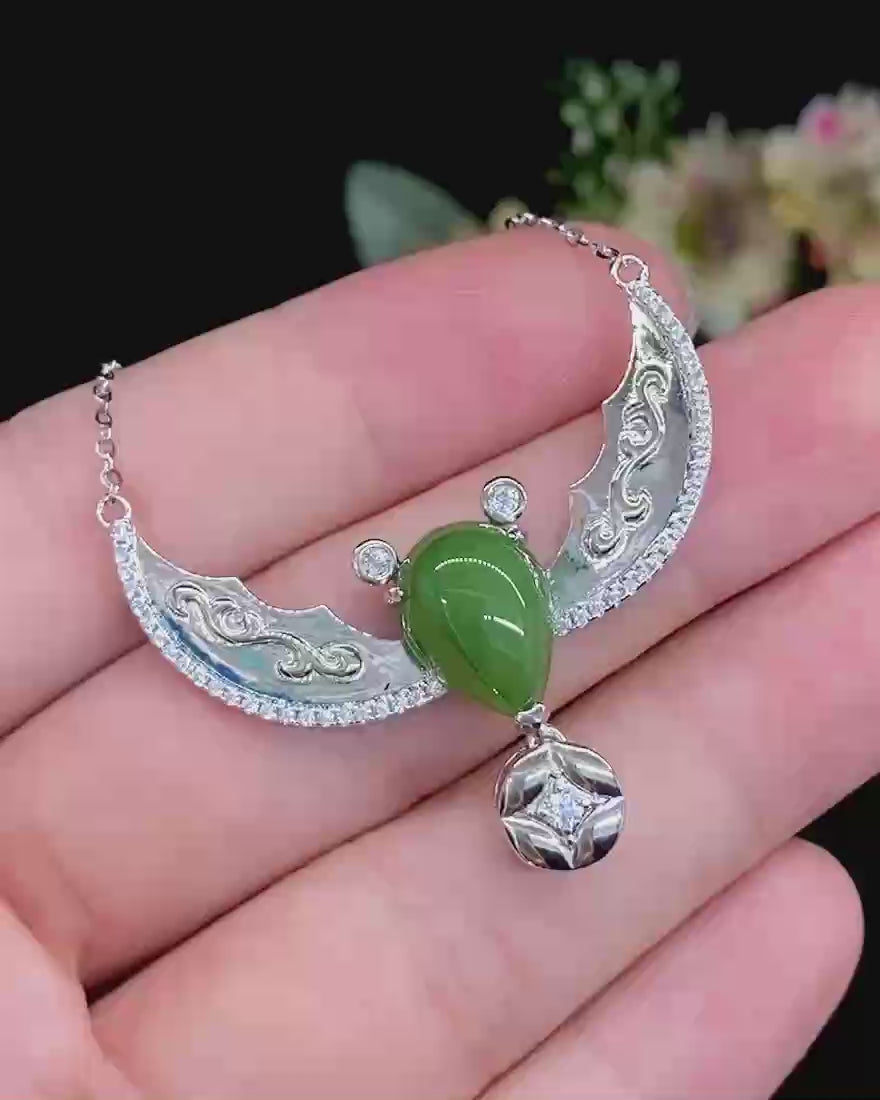 Load video: Sterling Silver &amp; Hetian Jade Bat Pendant