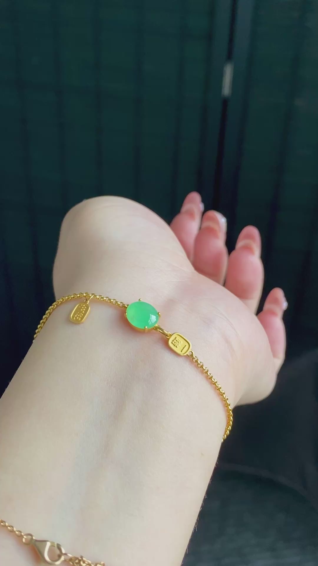 Load video: 18K Gold Fruit Green Jadeite Cabochon Bracelet