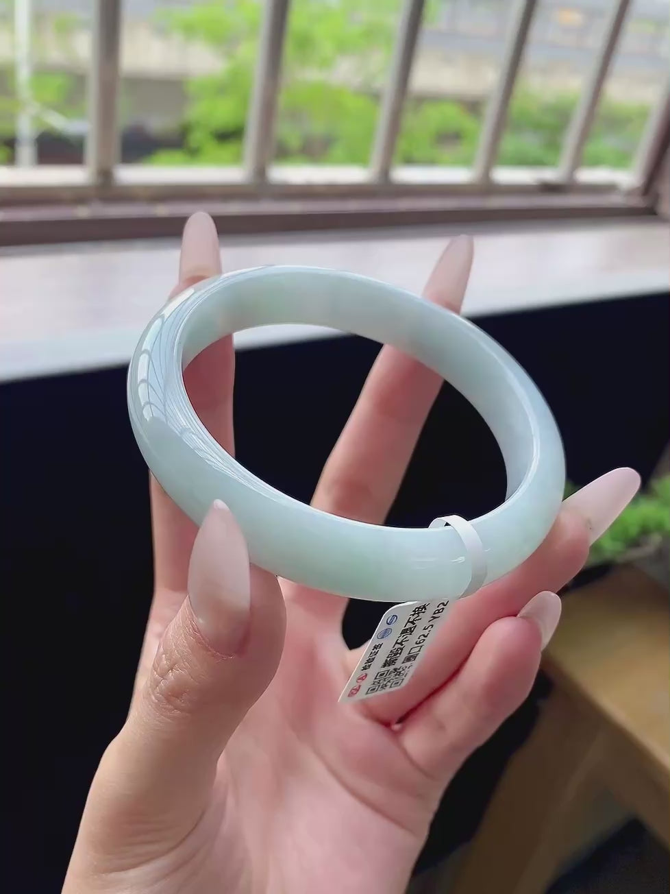 Load video: Large-Circumference Light Fruit Green &amp; Moonlight White Finished Round Bangle