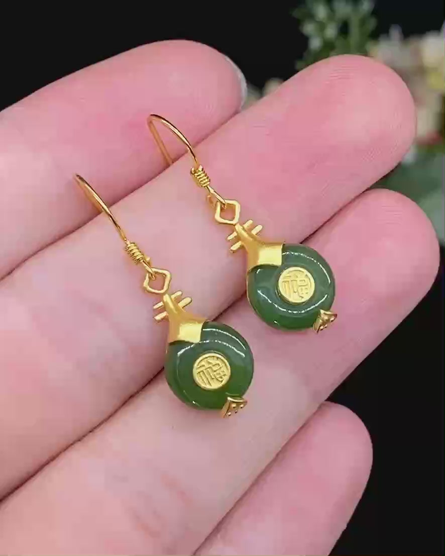 Load video: Sterling Silver &amp;Hetian Jade Pipa Earrings