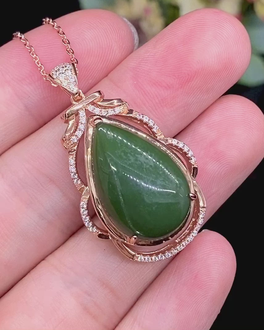 Load video: Sterling Silver &amp; Hetian Jade Spinach Green Pendant