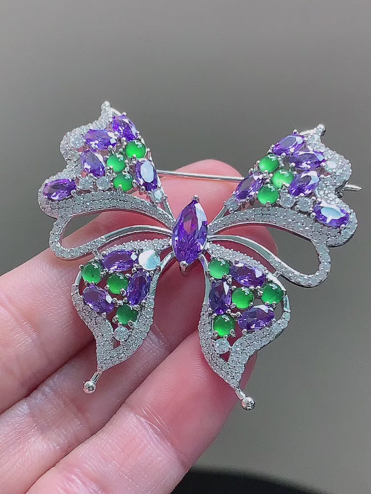 25 silver inlaid with ice green jade and amethyst butterfly brooch pendant