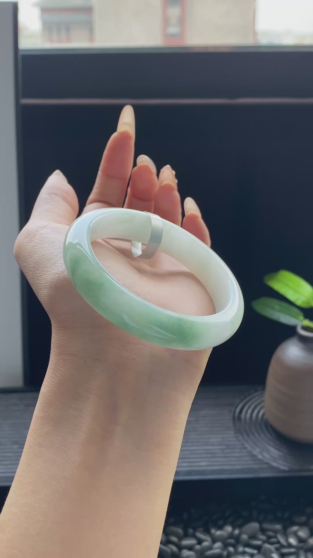 Load video: Half-Mountain-Half-Water Jadeite Bangle