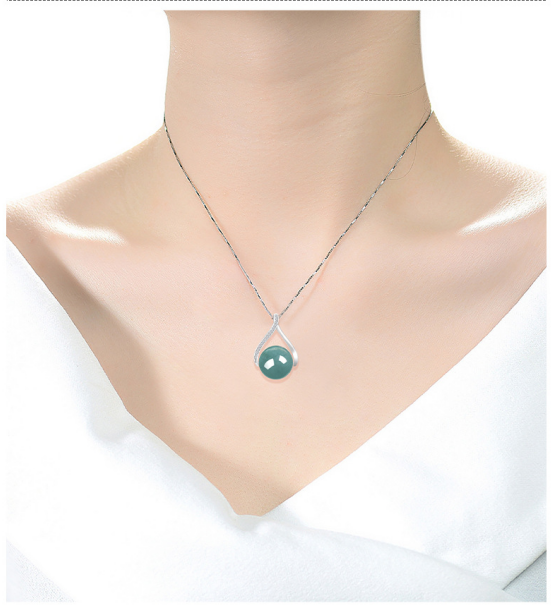 S925 Silver Inlaid Stylish Jadeite Blue Water Round Bead Pendant