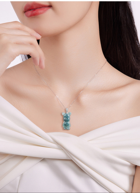 S925 Silver Necklace with Jadeite Blue Water Cartoon Bear Pendant